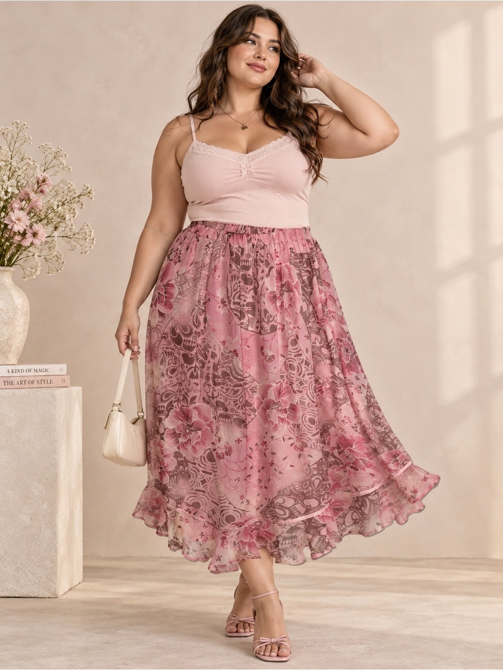 100 % Silk Purple Abstract Floral Chiffon Midi Skirt Smocked Waist - 2X